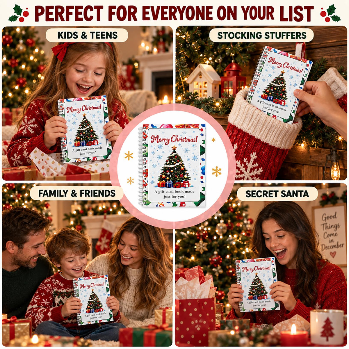 Christmas Gift Card Book, 5x7 Inch Spiral Bound DIY Gift Booklet