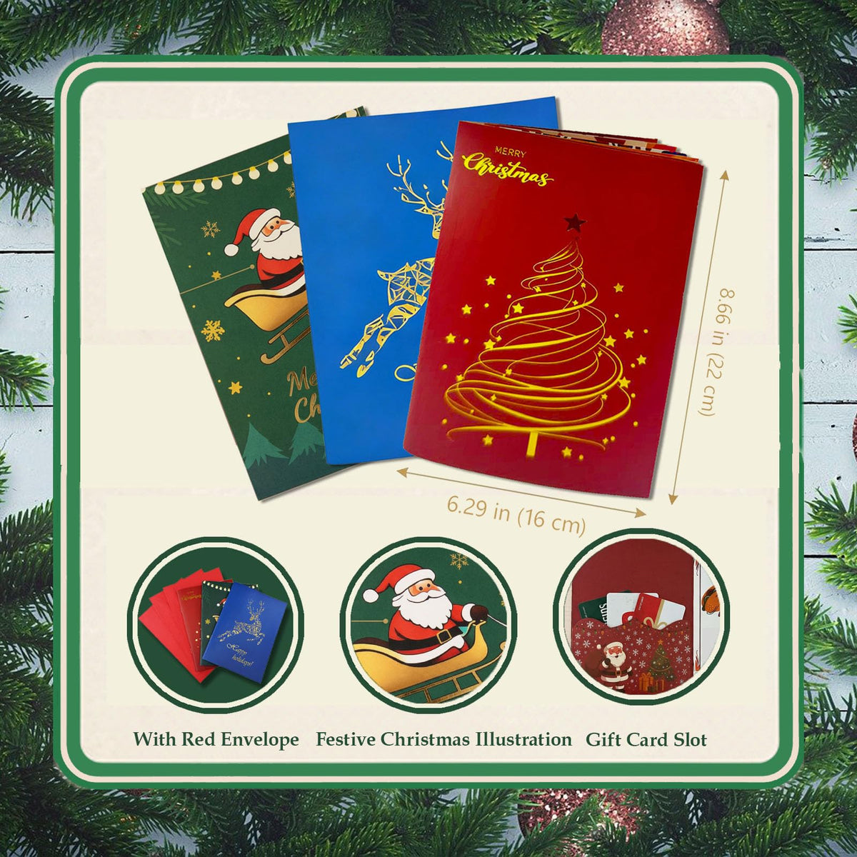 3Pc Gold Christmas patterns Gift Card Book with Envelopes Gifts