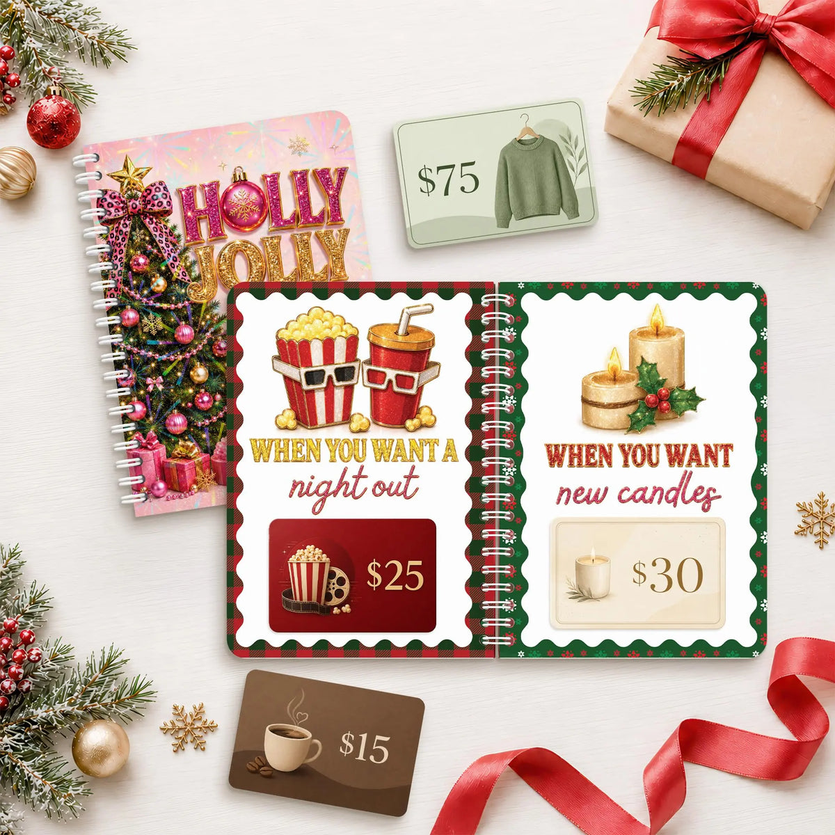 Hlolly Jolly Pink Christmas Gift Card Book for Teen, Adults, Kids