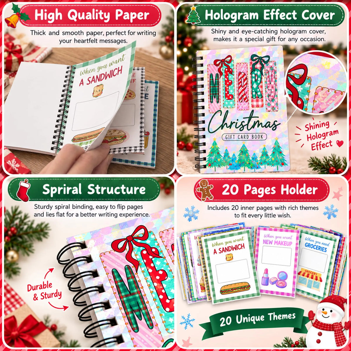 Merry Christmas Gift Card Book (5x7 in), Hologram Cover, 20 Gift Card Pages